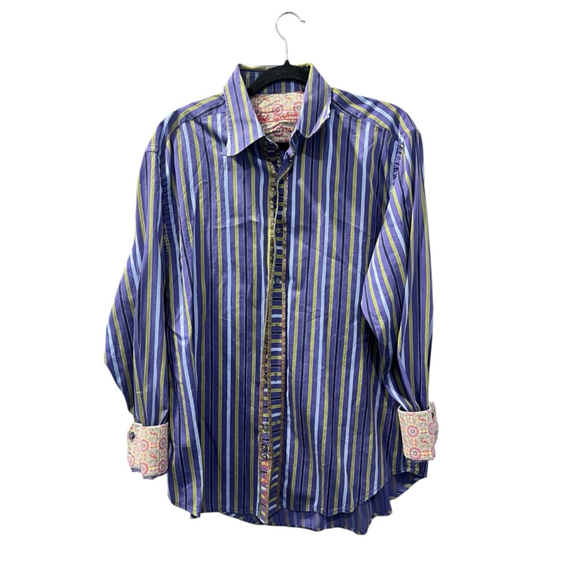 Robert Graham Flip Cuff Embroidered Blue Striped Button Down Shirt Size Large - Picture 1 of 6